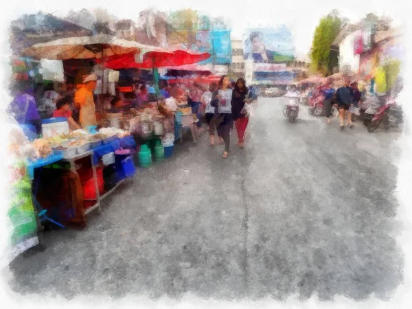 Пейзаж Коммерческих Районов Рынков Центра Города Провинциях Таиланда Акварель Стиль — стоковое фото