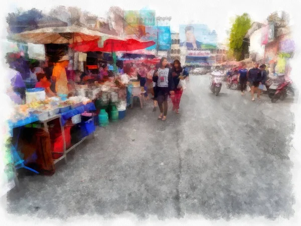 Landscape Commercial Districts Markets City Center Provinces Thailand Watercolor Style — стоковое фото