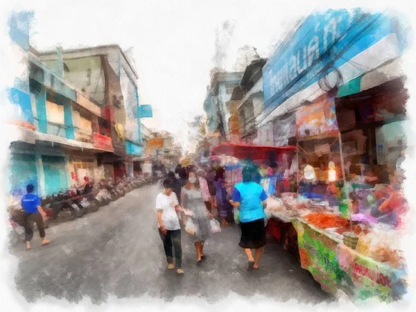 Landscape Commercial Districts Markets City Center Provinces Thailand Watercolor Style — Fotografia de Stock