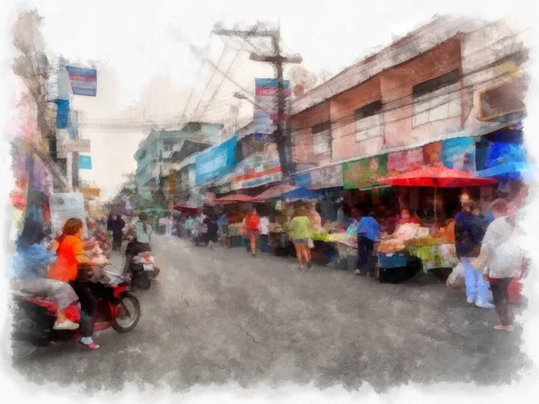 Landscape Commercial Districts Markets City Center Provinces Thailand Watercolor Style — Fotografia de Stock