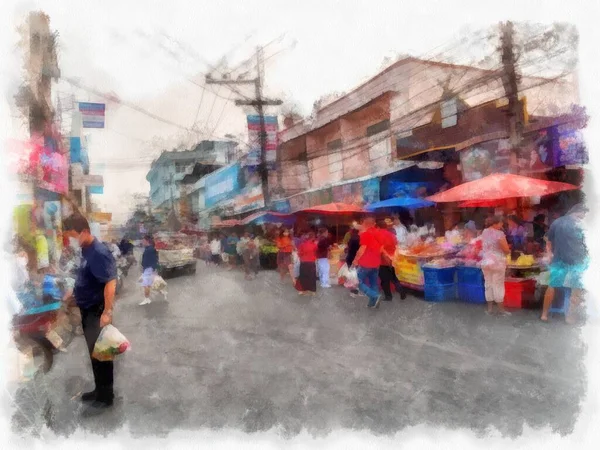 タイの地方の商業地区や市内中心部の市場の風景水彩画スタイルのイラスト印象派絵画 — ストック写真