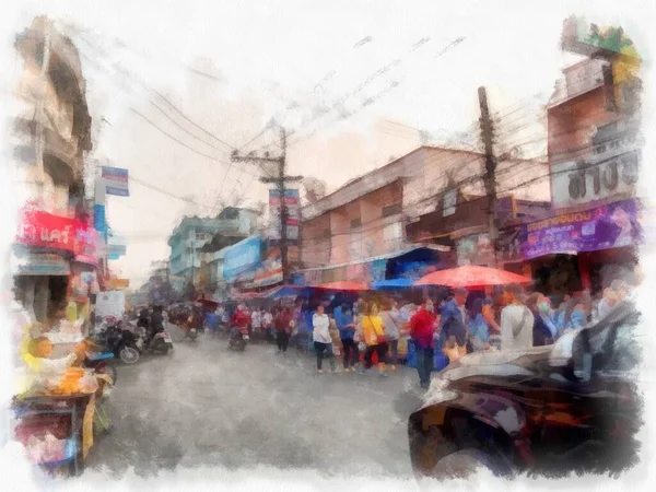 Landscape Commercial Districts Markets City Center Provinces Thailand Watercolor Style — Zdjęcie stockowe