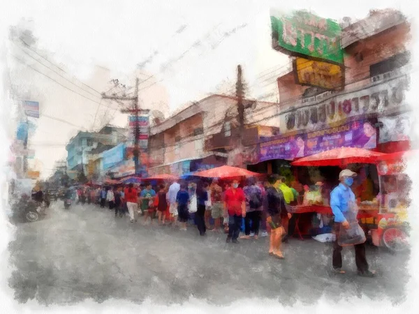 Krajobraz Dzielnic Handlowych Rynków Centrum Miasta Prowincjach Tajlandii Akwarela Styl — Zdjęcie stockowe