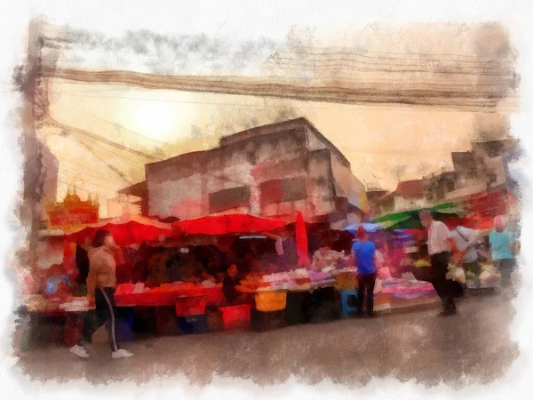 Krajina Obchodní Čtvrti Trhy Centru Města Provinciích Thajsko Akvarel Styl — Stock fotografie