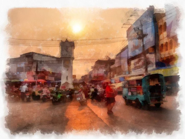 Landscape Commercial Districts Markets City Center Provinces Thailand Watercolor Style — Zdjęcie stockowe