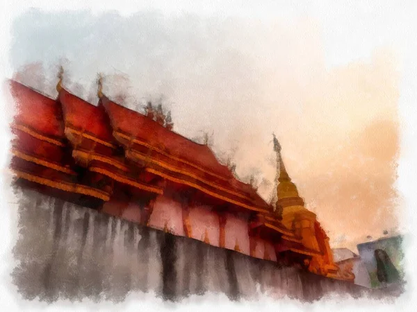 Paysage Architectural Des Temples Antiques Dans Nord Thaïlande Aquarelle Style — Photo