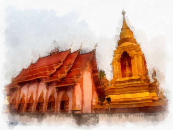Paesaggio Architettonico Antichi Templi Nel Nord Della Thailandia Acquerello Stile — Foto Stock