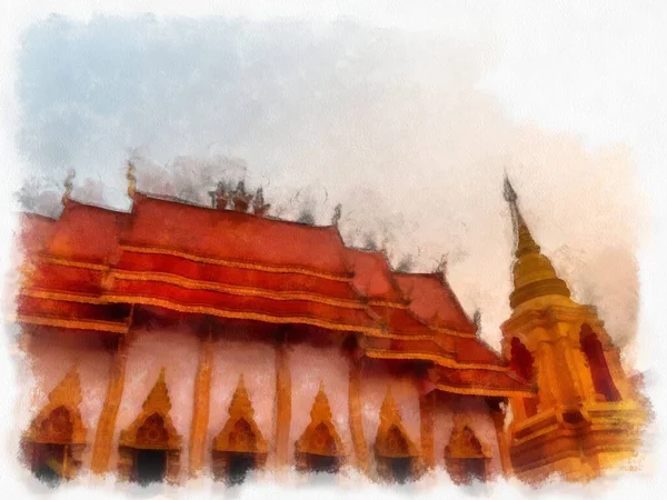 Architectural Landscape Ancient Temples Northern Thailand Watercolor Style Illustration Impressionist — Stock Photo, Image