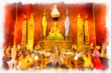 Kuzey Tayland 'daki antik tapınakların mimari manzarası ve antik sanat eserleri. Çizimler var. Empresyonist suluboya.