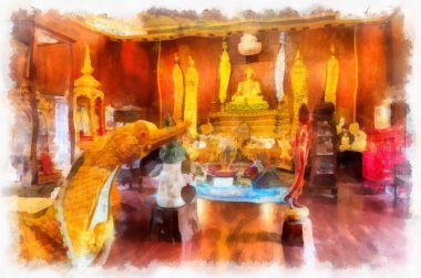 Kuzey Tayland 'daki antik tapınakların mimari manzarası ve antik sanat eserleri. Çizimler var. Empresyonist suluboya.