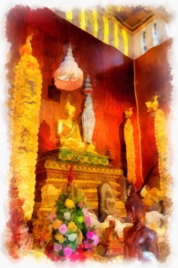 Kuzey Tayland 'daki antik tapınakların mimari manzarası ve antik sanat eserleri. Çizimler var. Empresyonist suluboya.