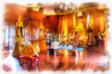 Kuzey Tayland 'daki antik tapınakların mimari manzarası ve antik sanat eserleri. Çizimler var. Empresyonist suluboya.