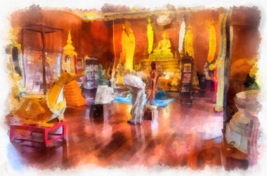 Kuzey Tayland 'daki antik tapınakların mimari manzarası ve antik sanat eserleri. Çizimler var. Empresyonist suluboya.