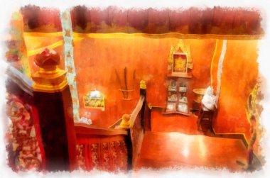 Kuzey Tayland 'daki antik tapınakların mimari manzarası ve antik sanat eserleri. Çizimler var. Empresyonist suluboya.