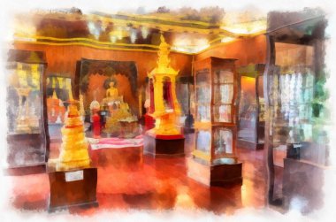 Kuzey Tayland 'daki antik tapınakların mimari manzarası ve antik sanat eserleri. Çizimler var. Empresyonist suluboya.