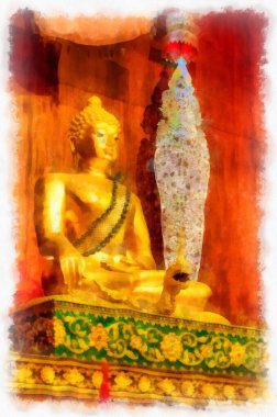 Kuzey Tayland 'daki antik tapınakların mimari manzarası ve antik sanat eserleri. Çizimler var. Empresyonist suluboya.