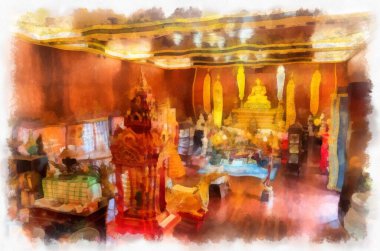 Kuzey Tayland 'daki antik tapınakların mimari manzarası ve antik sanat eserleri. Çizimler var. Empresyonist suluboya.