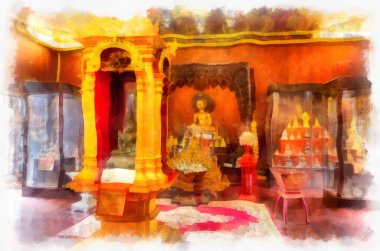 Kuzey Tayland 'daki antik tapınakların mimari manzarası ve antik sanat eserleri. Çizimler var. Empresyonist suluboya.