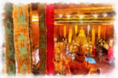 Kuzey Tayland 'daki antik tapınakların mimari manzarası ve antik sanat eserleri. Çizimler var. Empresyonist suluboya.