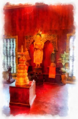 Kuzey Tayland 'daki antik tapınakların mimari manzarası ve antik sanat eserleri. Çizimler var. Empresyonist suluboya.