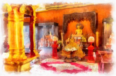 Kuzey Tayland 'daki antik tapınakların mimari manzarası ve antik sanat eserleri. Çizimler var. Empresyonist suluboya.