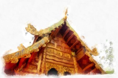 Kuzey Tayland 'daki antik tapınakların mimari manzarası ve antik sanat eserleri. Çizimler var. Empresyonist suluboya.