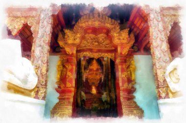 Kuzey Tayland 'daki antik tapınakların mimari manzarası ve antik sanat eserleri. Çizimler var. Empresyonist suluboya.