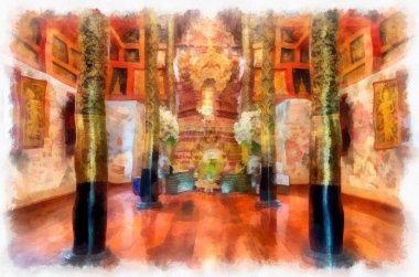 Kuzey Tayland 'daki antik tapınakların mimari manzarası ve antik sanat eserleri. Çizimler var. Empresyonist suluboya.