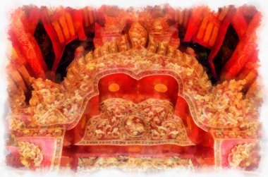 Kuzey Tayland 'daki antik tapınakların mimari manzarası ve antik sanat eserleri. Çizimler var. Empresyonist suluboya.