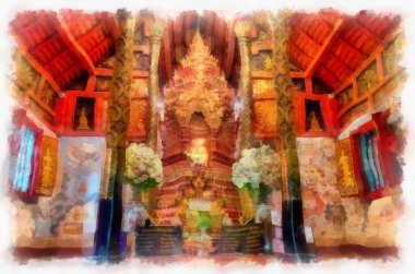 Kuzey Tayland 'daki antik tapınakların mimari manzarası ve antik sanat eserleri. Çizimler var. Empresyonist suluboya.