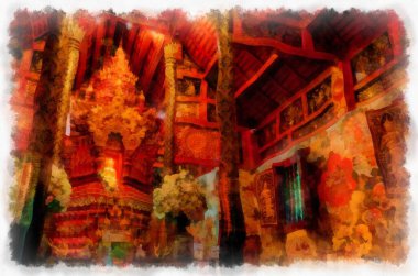 Kuzey Tayland 'daki antik tapınakların mimari manzarası ve antik sanat eserleri. Çizimler var. Empresyonist suluboya.