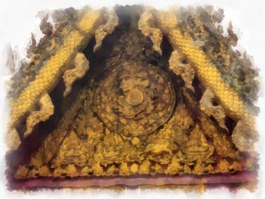 Kuzey Tayland 'daki antik tapınakların mimari manzarası ve antik sanat eserleri. Çizimler var. Empresyonist suluboya.