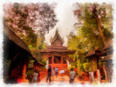 Kuzey Tayland 'daki antik tapınakların mimari manzarası ve antik sanat eserleri. Çizimler var. Empresyonist suluboya.