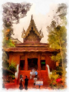 Kuzey Tayland 'daki antik tapınakların mimari manzarası ve antik sanat eserleri. Çizimler var. Empresyonist suluboya.
