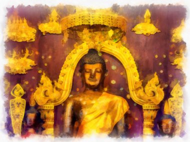 Kuzey Tayland 'daki antik tapınakların mimari manzarası ve antik sanat eserleri. Çizimler var. Empresyonist suluboya.