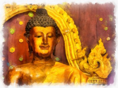 Kuzey Tayland 'daki antik tapınakların mimari manzarası ve antik sanat eserleri. Çizimler var. Empresyonist suluboya.