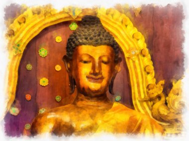 Kuzey Tayland 'daki antik tapınakların mimari manzarası ve antik sanat eserleri. Çizimler var. Empresyonist suluboya.