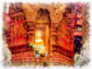 Kuzey Tayland 'daki antik tapınakların mimari manzarası ve antik sanat eserleri. Çizimler var. Empresyonist suluboya.