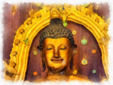 Kuzey Tayland 'daki antik tapınakların mimari manzarası ve antik sanat eserleri. Çizimler var. Empresyonist suluboya.