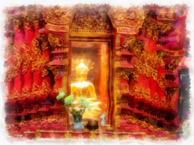 Kuzey Tayland 'daki antik tapınakların mimari manzarası ve antik sanat eserleri. Çizimler var. Empresyonist suluboya.