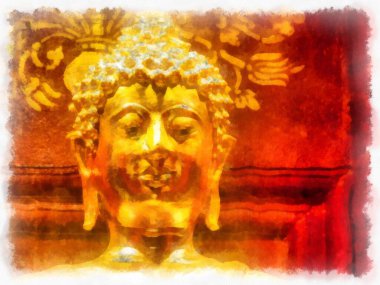 Kuzey Tayland 'daki antik tapınakların mimari manzarası ve antik sanat eserleri. Çizimler var. Empresyonist suluboya.