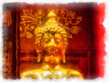 Kuzey Tayland 'daki antik tapınakların mimari manzarası ve antik sanat eserleri. Çizimler var. Empresyonist suluboya.