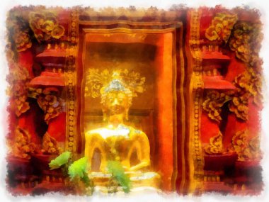 Kuzey Tayland 'daki antik tapınakların mimari manzarası ve antik sanat eserleri. Çizimler var. Empresyonist suluboya.