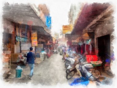 Kuzey Tayland 'daki antik tapınakların mimari manzarası ve antik sanat eserleri. Çizimler var. Empresyonist suluboya.