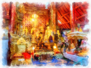 Kuzey Tayland 'daki antik tapınakların mimari manzarası ve antik sanat eserleri. Çizimler var. Empresyonist suluboya.