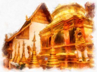 Kuzey Tayland 'daki antik tapınakların mimari manzarası ve antik sanat eserleri. Çizimler var. Empresyonist suluboya.