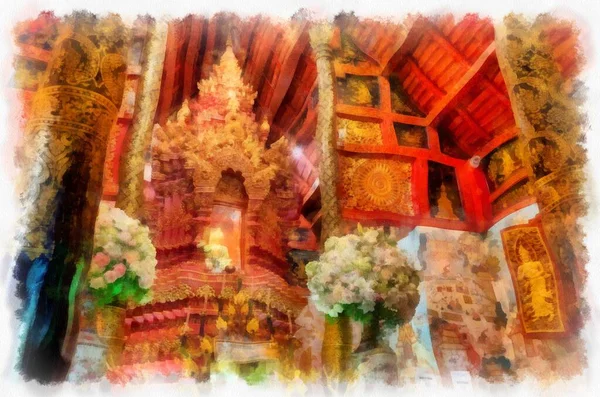 タイ北部の古代寺院や古代美術の建築風景 イラスト 印象派水彩画 — ストック写真