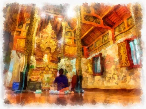 Kuzey Tayland 'daki antik tapınakların mimari manzarası ve antik sanat eserleri. Çizimler var. Empresyonist suluboya.