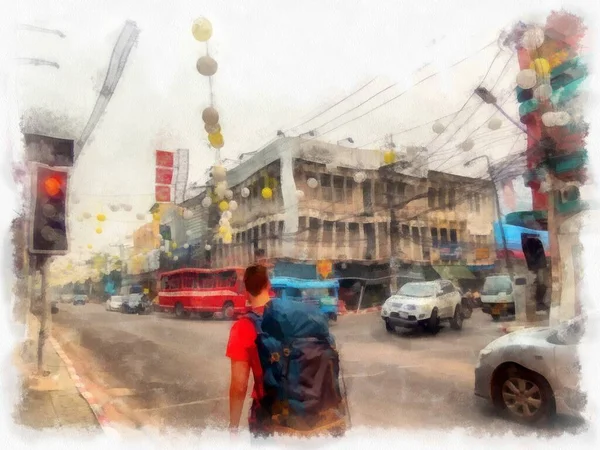Пейзаж Комерційних Районів Ринків Центру Міста Провінціях Таїланду Акварельний Стиль — стокове фото