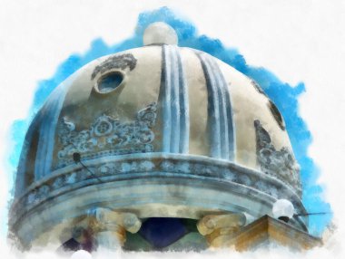 Antik Avrupa Kubbesi suluboya resim çizimi mimarisi inşa ediyor.